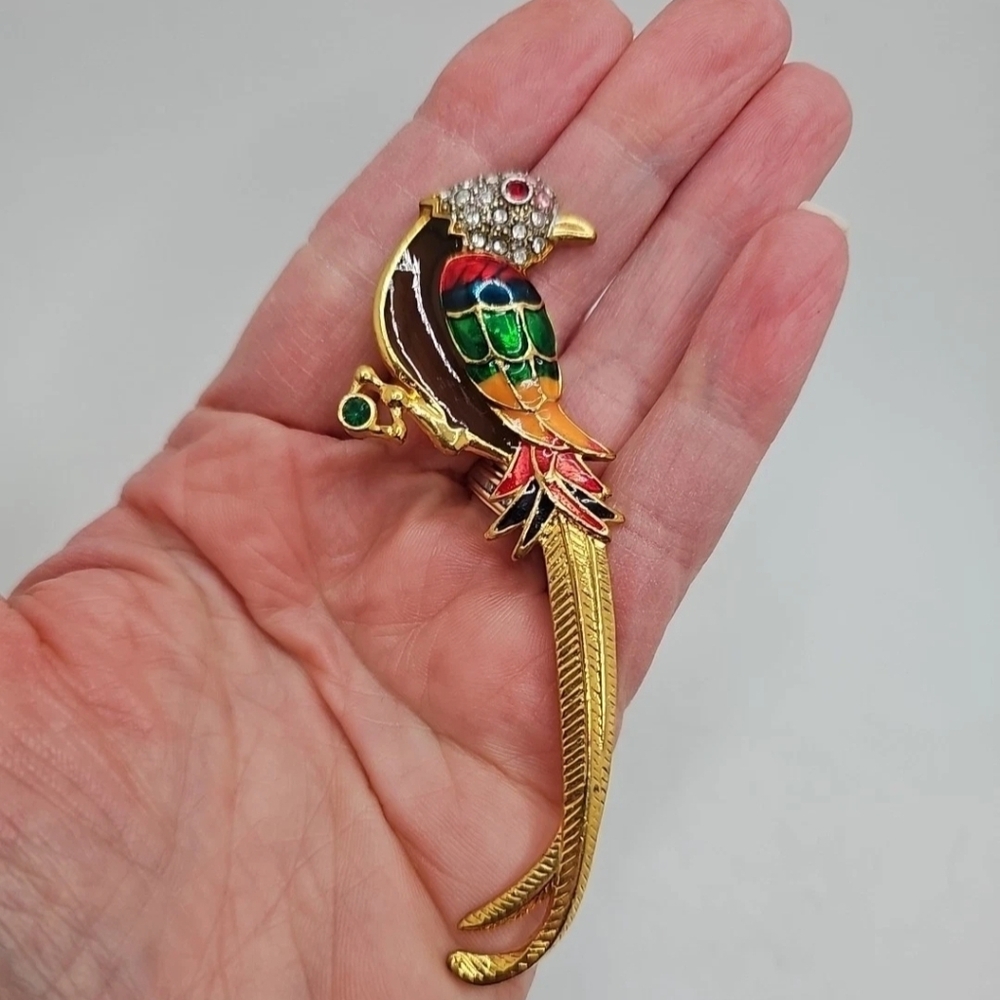 Vintage Premier Designs Colorful Parrot Statement Brooch Rhinestones Signed